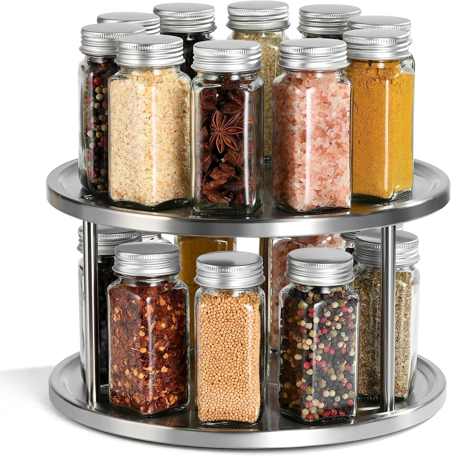 SISXSO 2 Tier Lazy  Organizer - 360-Degree Stainless Steel Turntable Cabinet Organizer Storage for Kitchen, Pantry, Bathroom - Rotating Spice Rack Organizer with 2 Round Trays For Food, Seasoning