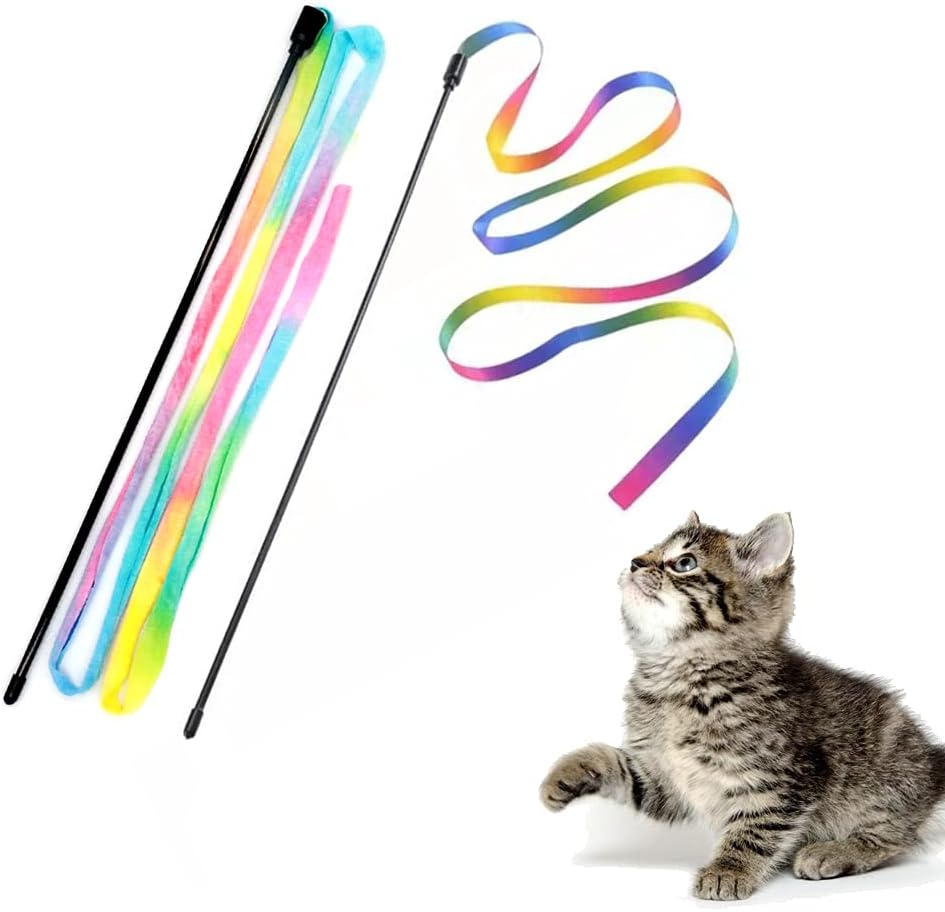 SISXSO 2 PCS Interactive Cat Rainbow Wand Toys, Interactive Cat Teaser Wand String, Colorful Ribbon Charmer for Cats and Kittens