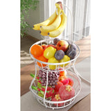 SISXSO 2-Tier Fruit Basket Bowl Stackable Vegetable Storage with Banana Tree Hanger Stand for Kitchen Countertop, Metal Wire Basket for Bread Onions Potatoes Black