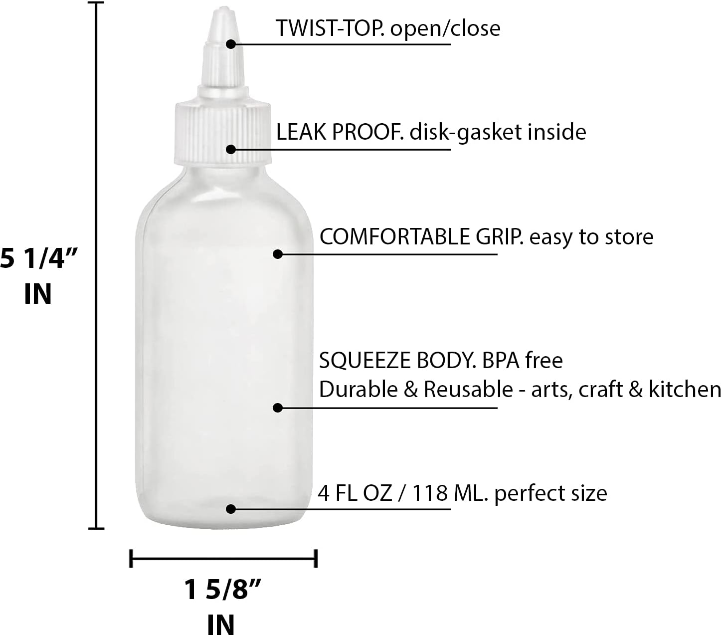 SISXSO Condiment Squeeze Bottles - 4 OZ Squirt Empty Bottles, Twist Top Cap, Leak Proof - Great for Ketchup, Mustard, Syrup, Sauces, Dressing, Oil, Arts and Crafts, BPA-FREE Plastic - Pack of 2