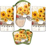 SISXSO Bright Sunflower 5-Piece Kitchen Set – 2 Soft Terry Dish Towels and 2 Quilted Potholders & 1 Oven Mitt for Everyday Use