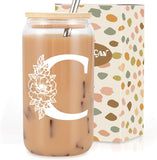 SISXSO Initial Glass Cup, Monogrammed Gifts for Women, 16 oz Glass Cups w/Lids Straws, Iced Coffee, Beer Can Shaped Glass Tumbler w/Straw Lid - Personalized Christmas, Birthday Gifts for Her