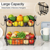 SISXSO 2 Tier Fruit Basket Bowl with 2 Banana Hangers for Kitchen Counter, Countertop Fruit Storage Produce Basket Metal Vegetable Holder Stand Organizer for Bread Snack Veggies Potato, Black