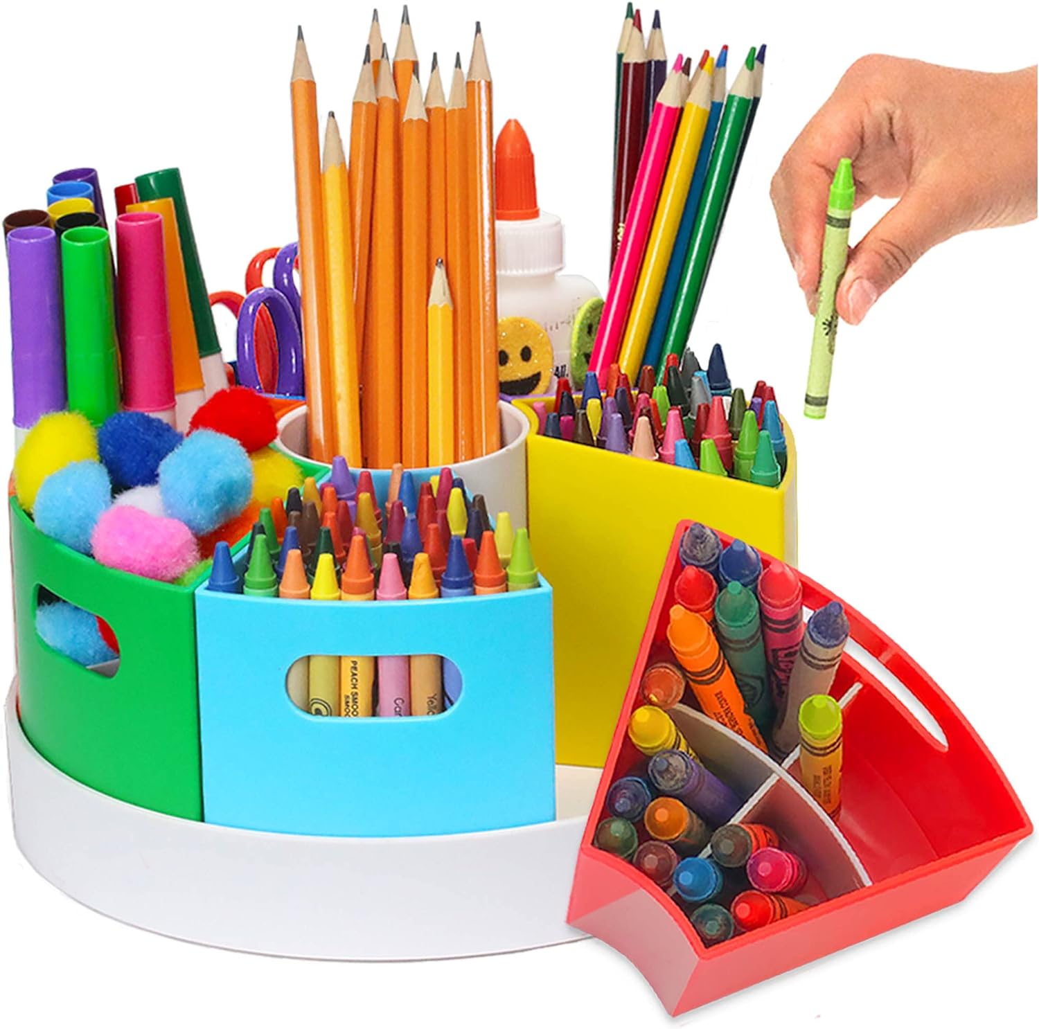 SISXSO Crayon Organizer and Storage Lazy Susan School Art Supplies Caddy | Rotating s Desk Organizer Rainbow Color Bins | Pencil Marker Storage, Stationary Caddy for School & Office