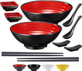 SISXSO Unbreakable Ramen Bowl Set with Chopsticks and Spoon: 2 large Japanese Style Melamine Ramen Bowls, Dipping Bowls and Chopstick Stands for Asian Pho Soup Thai Miso Udon Wonton (2 Bowl Set, Red-Black)