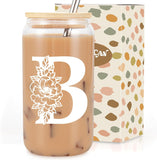 SISXSO Initial Glass Cup, Monogrammed Gifts for Women, 16 oz Glass Cups w/Lids Straws, Iced Coffee, Beer Can Shaped Glass Tumbler w/Straw Lid - Personalized Christmas, Birthday Gifts for Her