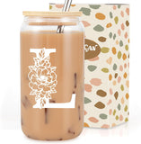 SISXSO Initial Glass Cup, Monogrammed Gifts for Women, 16 oz Glass Cups w/Lids Straws, Iced Coffee, Beer Can Shaped Glass Tumbler w/Straw Lid - Personalized Christmas, Birthday Gifts for Her