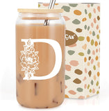 SISXSO Initial Glass Cup, Monogrammed Gifts for Women, 16 oz Glass Cups w/Lids Straws, Iced Coffee, Beer Can Shaped Glass Tumbler w/Straw Lid - Personalized Christmas, Birthday Gifts for Her