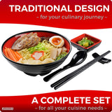 SISXSO Unbreakable Ramen Bowl Set with Chopsticks and Spoon: 2 large Japanese Style Melamine Ramen Bowls, Dipping Bowls and Chopstick Stands for Asian Pho Soup Thai Miso Udon Wonton (2 Bowl Set, Red-Black)