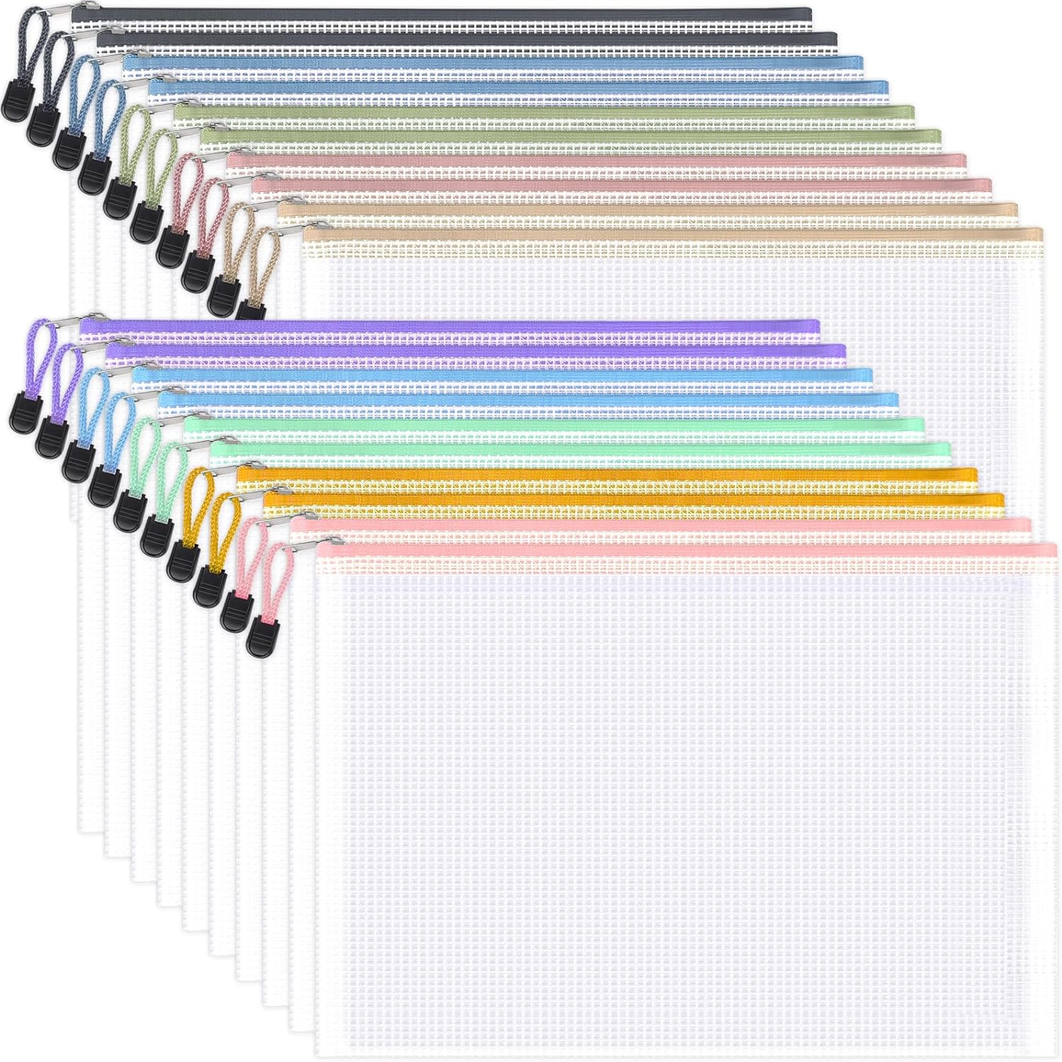 SISXSO 20 Pack Mesh Zipper Pouch, A3 Super Large Bags for Board Game & Puzzles Storage, Waterproof Zip Bags for Office School Supplies, Organizing Bag for Travel and Home, 11.6x16.5 in, 10 Colors