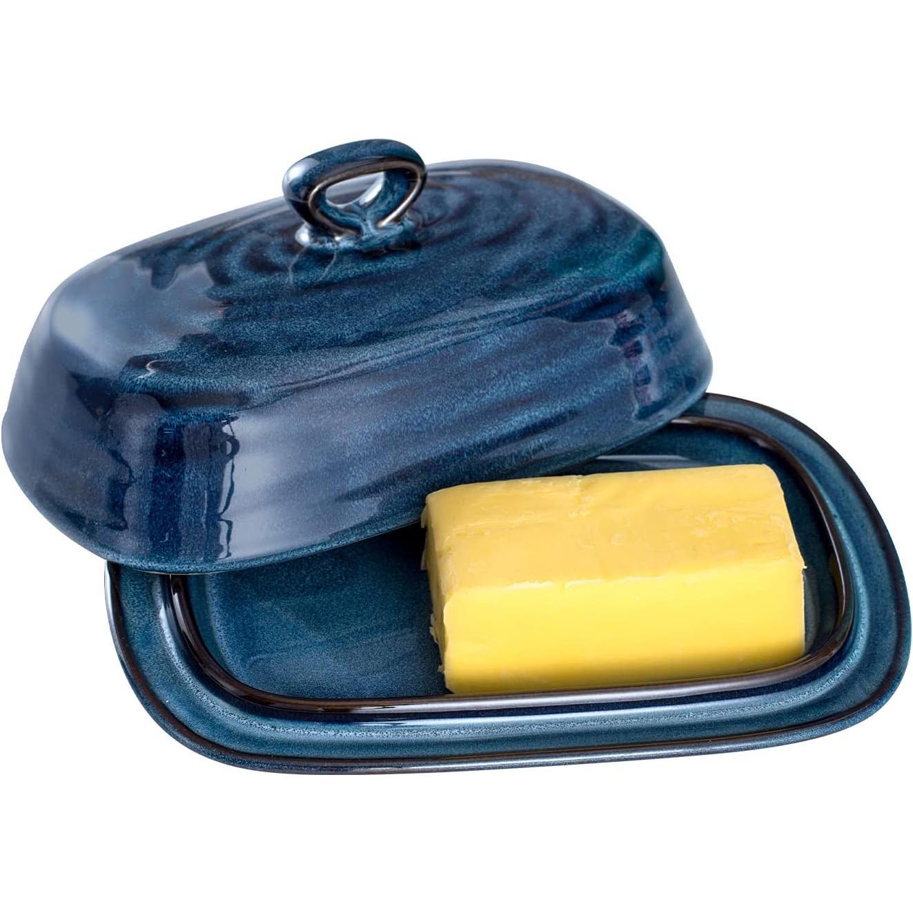 SISXSO Porcelain Butter Dish with Lid, Covered Butter Container with Handle Design for Countertop, Blue