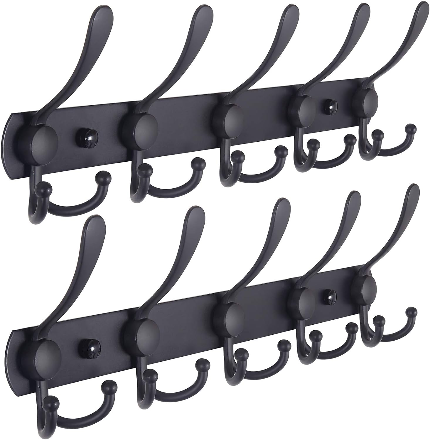 SISXSO Coat Rack Wall Mounted - 5 Tri Hooks, Heavy Duty, Stainless Steel, Metal Coat Hook Rail for Coat Hat Towel Purse Robes Mudroom Bathroom Entryway (Black, 2 Packs)