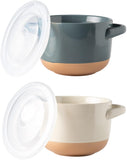 Tigelas de sopa de 24 onças com alças e tampas grandes, conjunto de 2 tigelas de cerâmica para sopa, cereal, ensopado, macarrão, tigelas de cerâmica coloridas para cozinha, adequadas para micro-ondas e lava-louças, cinza e bege 