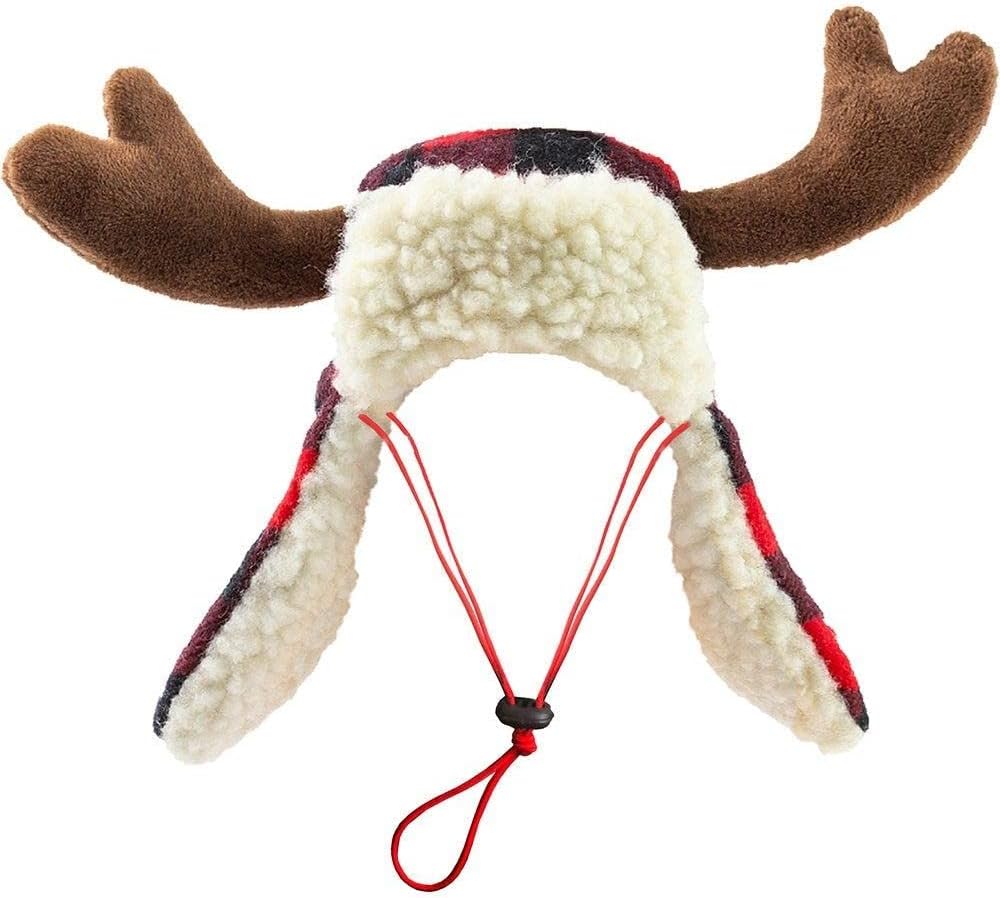 SISXSO Pet Hat | Antler Buffalo Check (Large) | Festive Christmas Holiday Accessory for Dogs/Cats | Holiday Pet Hat | SnugFit Sliding Toggles for Fit