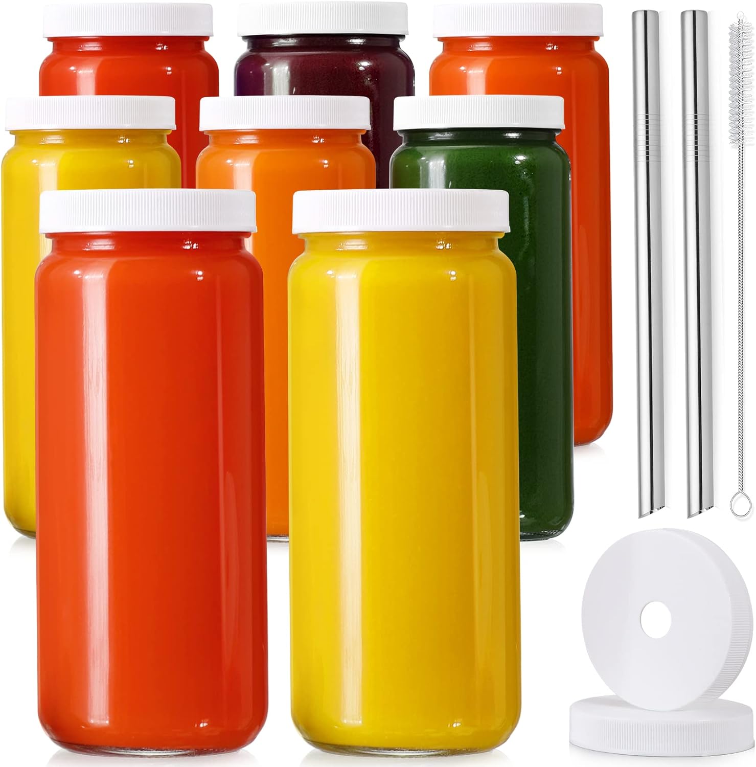 SISXSO [ 8 Pack ] 16 OZ Glass Juicing Bottles w Airtight Lids & 2 Straws & 2 Lids w Hole - Reusable Drinking Jars, Travel Water Cups - Tall Mason Jar for Juice, Boba, Smoothie, Tea, Kombucha, Homemade Drinks