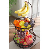 SISXSO 2-Tier Fruit Basket Bowl Stackable Vegetable Storage with Banana Tree Hanger Stand for Kitchen Countertop, Metal Wire Basket for Bread Onions Potatoes Black