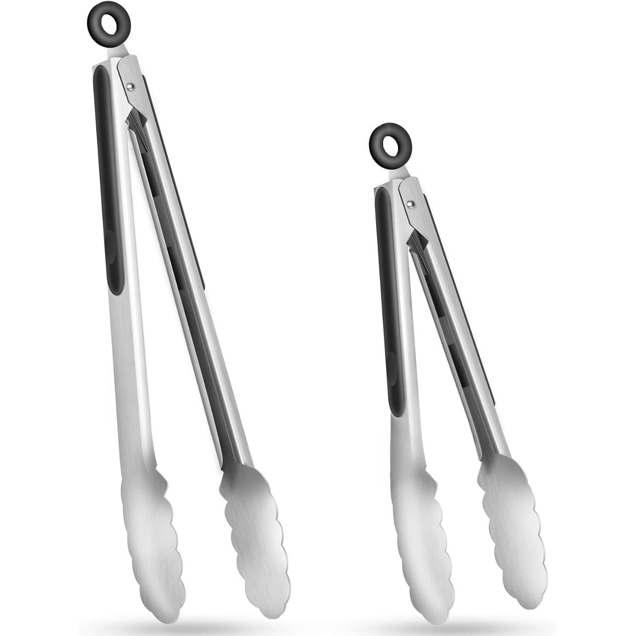 SISXSO Stainless Steel Kitchen Tongs Set of 2 - 9" and 12", Locking Metal Food Tongs Non-Slip Grip