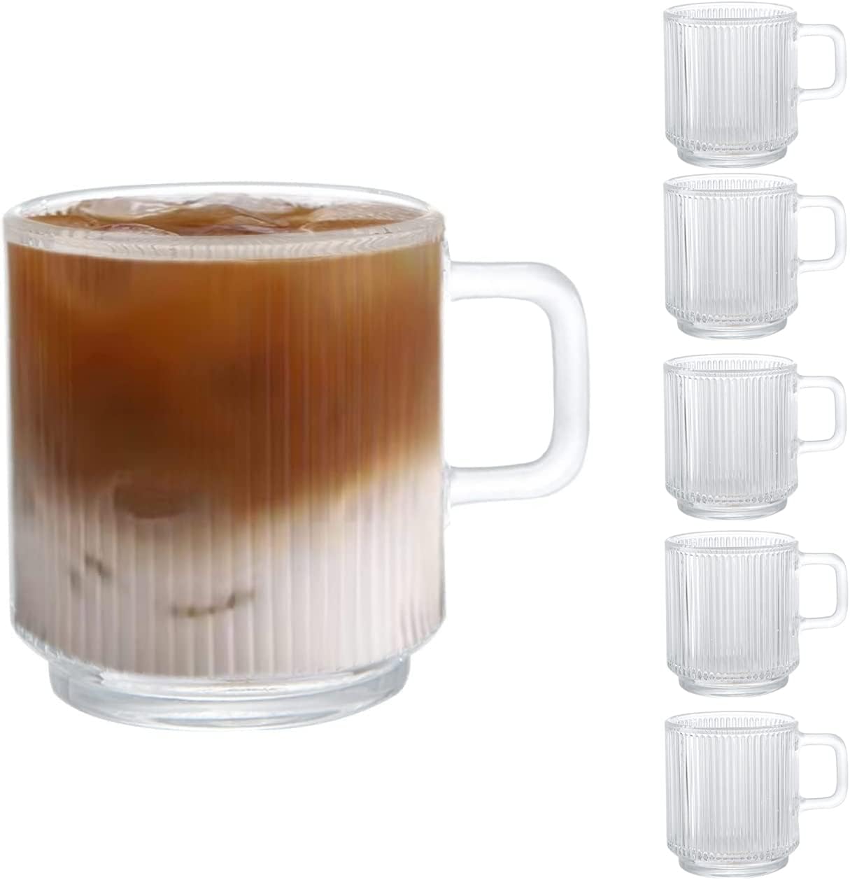 SISXSO [6 PACK, 12 OZ] Premium Glass Coffee Mugs with Handle, Classic Vertical Stripes Tea Cup,Transparent Tea Glasses for Hot/Cold Beverages.