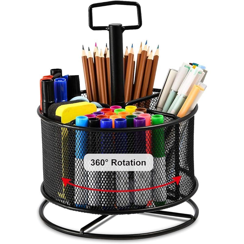 SISXSO Mesh Desk Organizer, 360-Degree Rotating Multi-Functional Pen Holder, 4 Compartments Desktop Stationary Organizer, Home Office Art Supply Storage Box Caddy (Black)