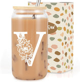 SISXSO Initial Glass Cup, Monogrammed Gifts for Women, 16 oz Glass Cups w/Lids Straws, Iced Coffee, Beer Can Shaped Glass Tumbler w/Straw Lid - Personalized Christmas, Birthday Gifts for Her
