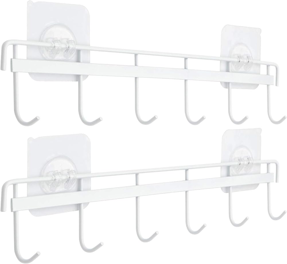 SISXSO Adhesive Wall Hooks Rack Kitchen Rail, Space Saving Utensil Holder No Drilling Wall Mounted Accessory Hanger with 6 Hooks for Kitchen Bathroom Bedroom Pack of 2 (Black)