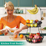 SISXSO 2-Tier Fruit Basket Bowl Stackable Vegetable Storage with Banana Tree Hanger Stand for Kitchen Countertop, Metal Wire Basket for Bread Onions Potatoes Black