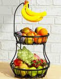 SISXSO 2-Tier Fruit Basket Bowl Stackable Vegetable Storage with Banana Tree Hanger Stand for Kitchen Countertop, Metal Wire Basket for Bread Onions Potatoes Black