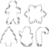SISXSO Cookie Cutter Set - 5 Piece Holiday Cookies Molds - Snowman, Christmas Tree, Gingerbread Man, Candy Cane, Snowflake