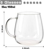 SISXSO Glass Coffee Mugs Set of 6, Microwave Safe Borosilicate Glass Cups, 15 Ounce Large Mugs Gifts for Family, latte, Chocolate & Beverage, Mocha, Cappuccino, Tea and Water, Clear Drinking Cups