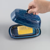 SISXSO Porcelain Butter Dish with Lid, Covered Butter Container with Handle Design for Countertop, Blue
