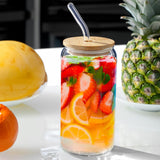 SISXSO 4 pcs 16 oz Glass Cups with Bamboo Lids and Straws-Glass Tumbler with Straw and Lid & Cleaning Brush,Iced Coffee Cups with Lids Ldeal for Smoothie Beer Cocktail Whiskey Tea Juice Gift
