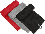 Pacote com 3 toalhas de golfe para bolsas com clipe e padrão waffle de microfibra, azul, preto e cinza, três dobras 