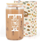 SISXSO Initial Glass Cup, Monogrammed Gifts for Women, 16 oz Glass Cups w/Lids Straws, Iced Coffee, Beer Can Shaped Glass Tumbler w/Straw Lid - Personalized Christmas, Birthday Gifts for Her