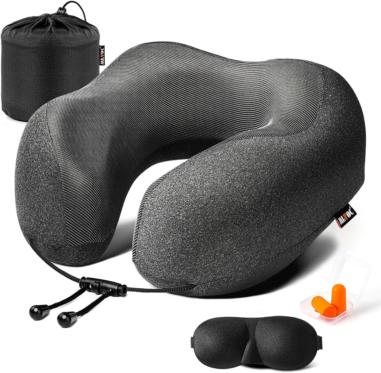 SISXSO Travel Pillow Pure Memory Foam Neck Pillow, Comfortable & Breathable Cover, Machine Washable, Airplane Travel Kit with 3D Contoured Eye Masks, Earplugs, and Luxury Bag, Standard (Black)